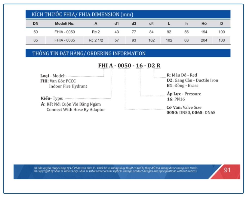 Van góc chữa cháy Shinyi 7 Kích thước thông số Van góc chữa cháy Shinyi