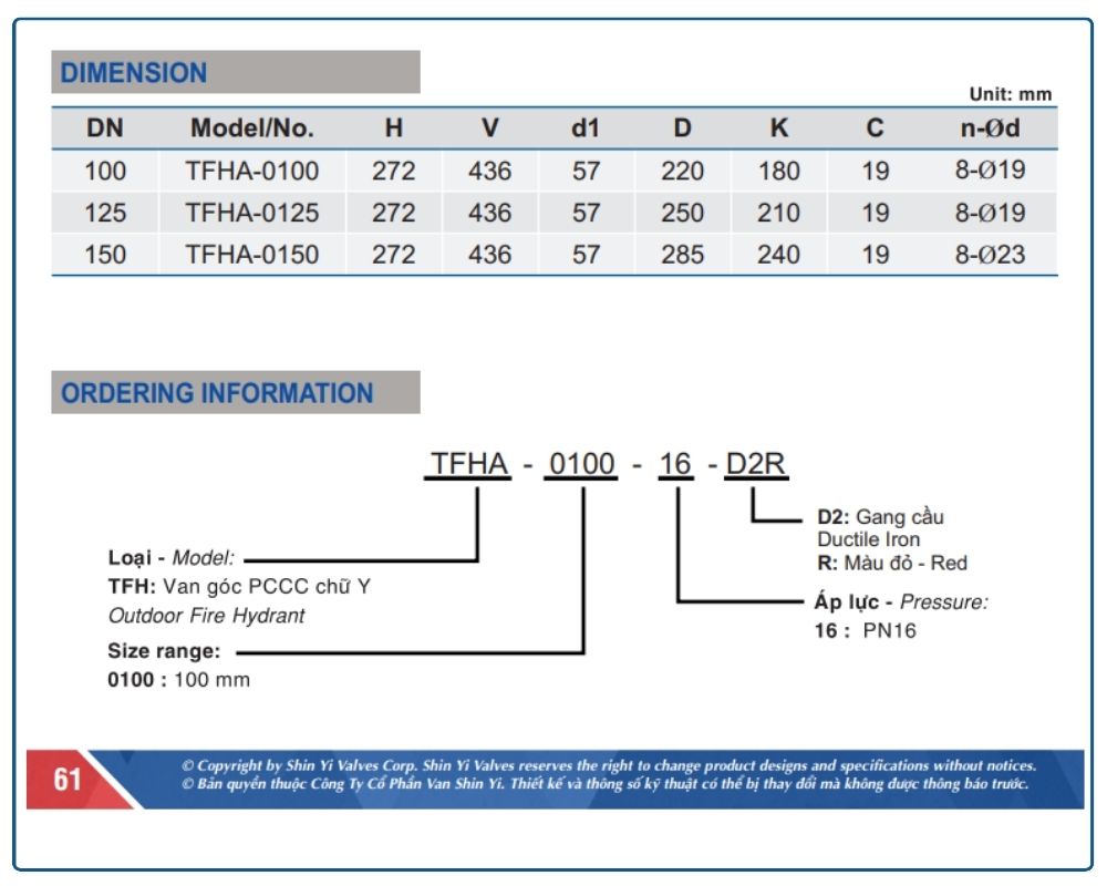 Trụ chữa cháy ngoài nhà Shinyi 7 Thông số kích thước Trụ chữa cháy ngoài nhà Shinyi