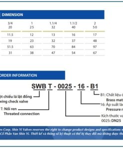 Thông số kích thước Van 1 chiều đồng Shinyi