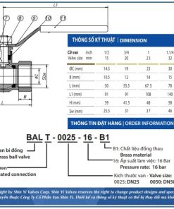 Thông số kích thước Van bi đồng tay gạt Shinyi