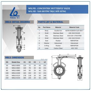 Thông số kích thước van bướm tay gạt shinyi